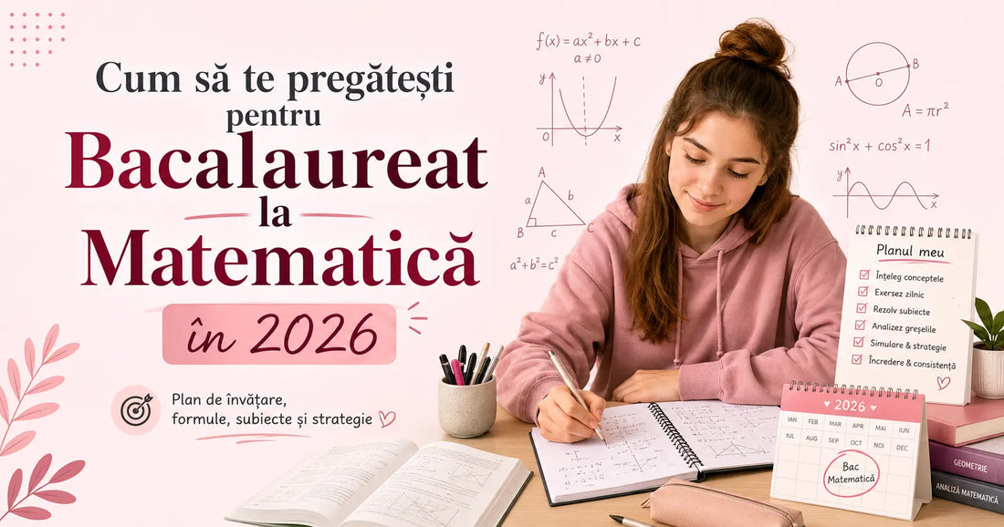 Elev care se pregătește organizat pentru Bacalaureat la Matematică 2026 cu formule, variante și plan de învățare
