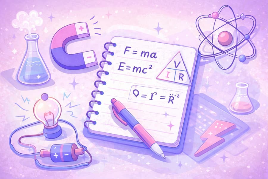 Ilustrație educaționala pentru cursul online de Fizica – caiet de studiu, formule fizice si instrumente de invatare, in stil Colega de Meditatii.