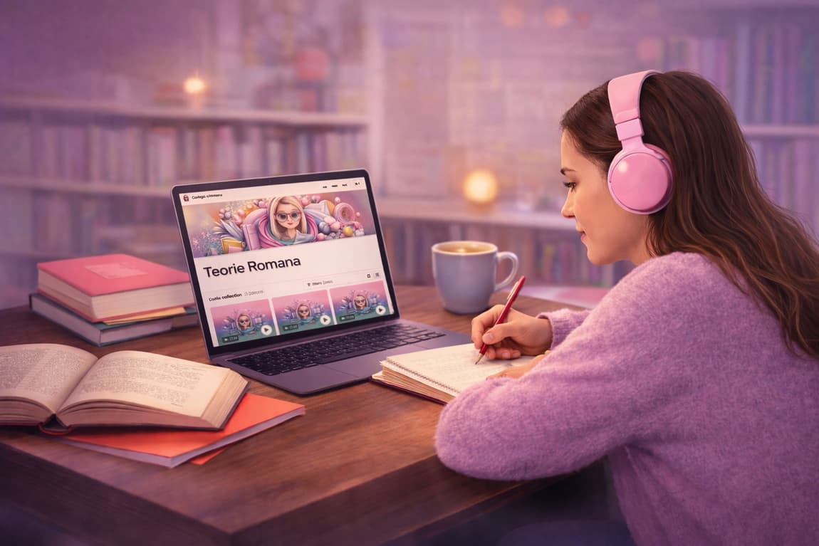 Eleva care se pregatește online pentru Bacalaureatul la Limba și literatura romana, urmarind un curs video educational