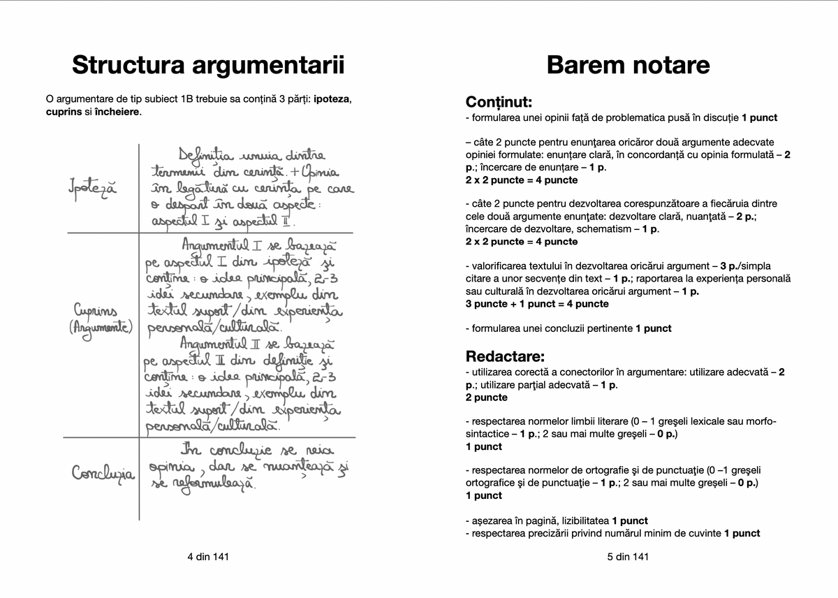 Structura argumentarii si barem de notare - Carte Subectul 1B Bac Romana