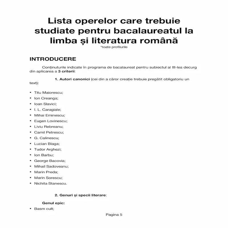 Lista operelor pentru Bacalaureat la limba și literatura română incluse în carte