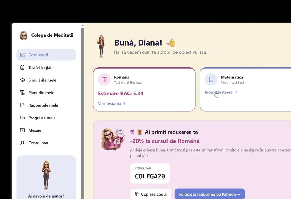 Panoul elevului după testare: nota estimată la Bac și codul de reducere COLEGA20