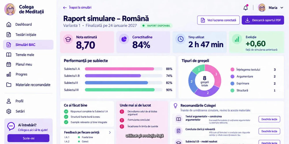 Raportul unei simulări de Bac, cu nota pe fiecare exercițiu, pe platforma Colega de Meditații