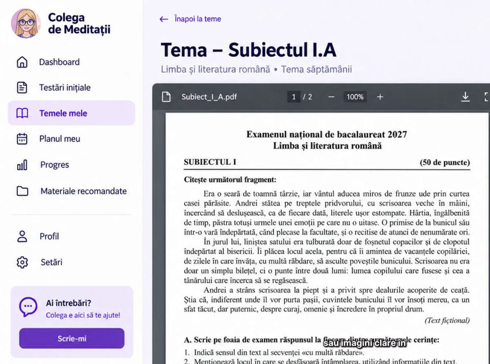 Tema săptămânală pe platforma de teme Colega de Meditații
