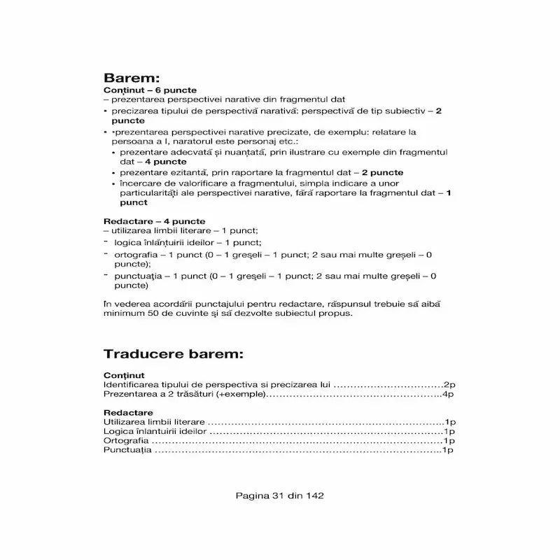 Carte subiectul 2 bac romana barem perspectiva narativa explicat punctaj
